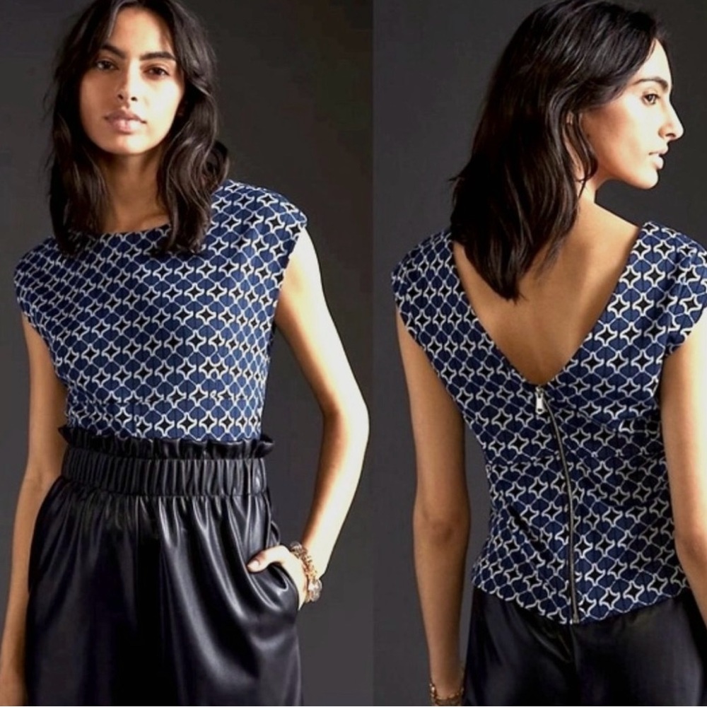 Maeve by Anthropologie Blue Jacquard Sleeveless Knit Top Zipper Back Size M